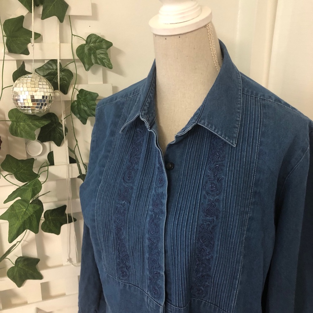 Vintage Talbots Western Top Denim Pleated Floral Buttondown Prairie Shirt Sz L